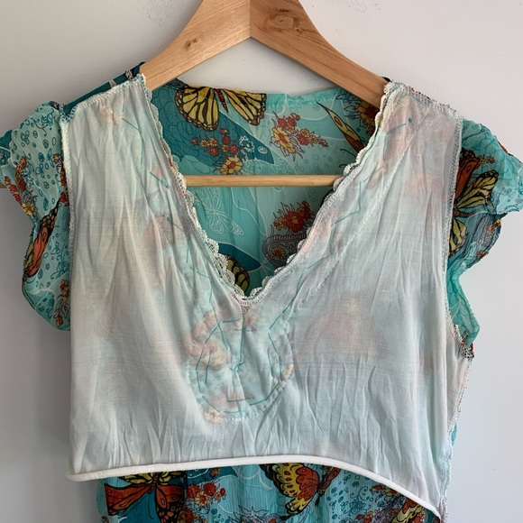 Sheer aqua blue monarch butterfly lace trim blouse - Picture 4 of 4